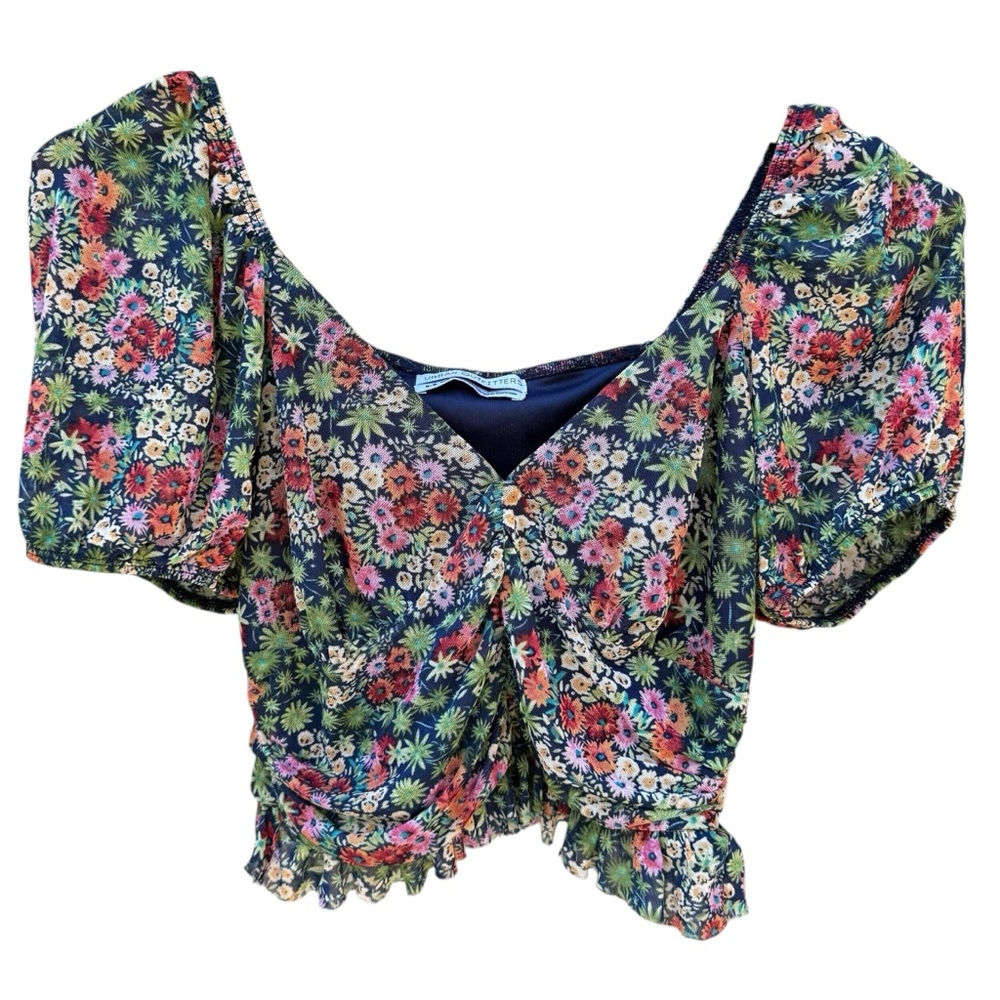 Urban Outfitters Navy Floral Puff Sleeve Cropped Top Size M Cottagecore